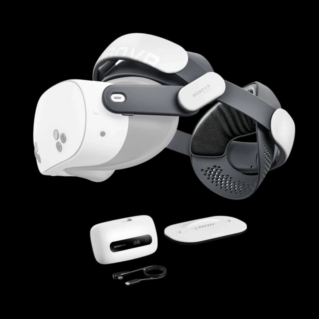 BoboVR M3 Pro+ headset VR branco com alça acolchoada ajustável, suporte traseiro ergonômico, bateria destacável, ventilação lateral e acessórios