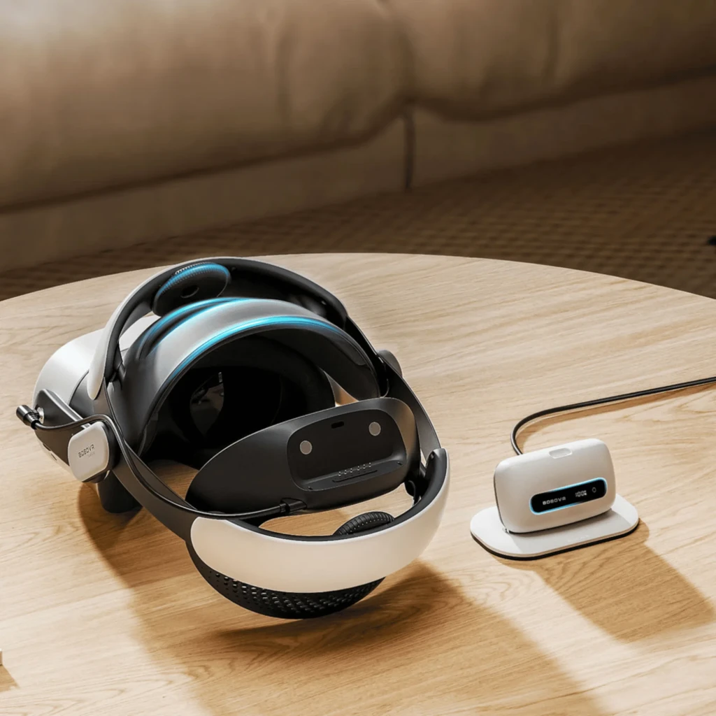 BoboVR M3 Pro+ headstrap acolchoado para VR, alça ajustável com apoio traseiro, detalhes em azul e base de carregamento compacta branca sobre mesa de madeira