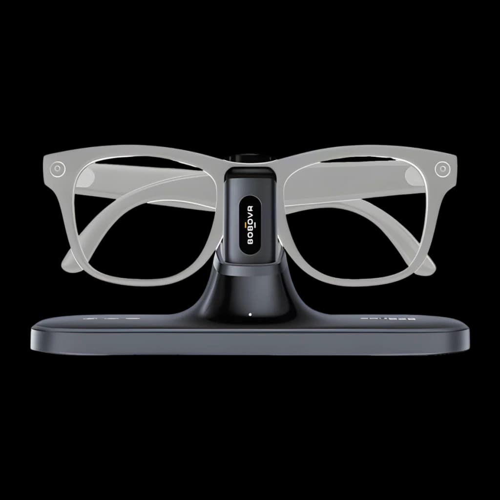 Base de carga BoboVR CG2 para gafas Ray-Ban Meta, diseño magnético central, soporte estable de mesa en negro con indicador frontal y marco transparente de