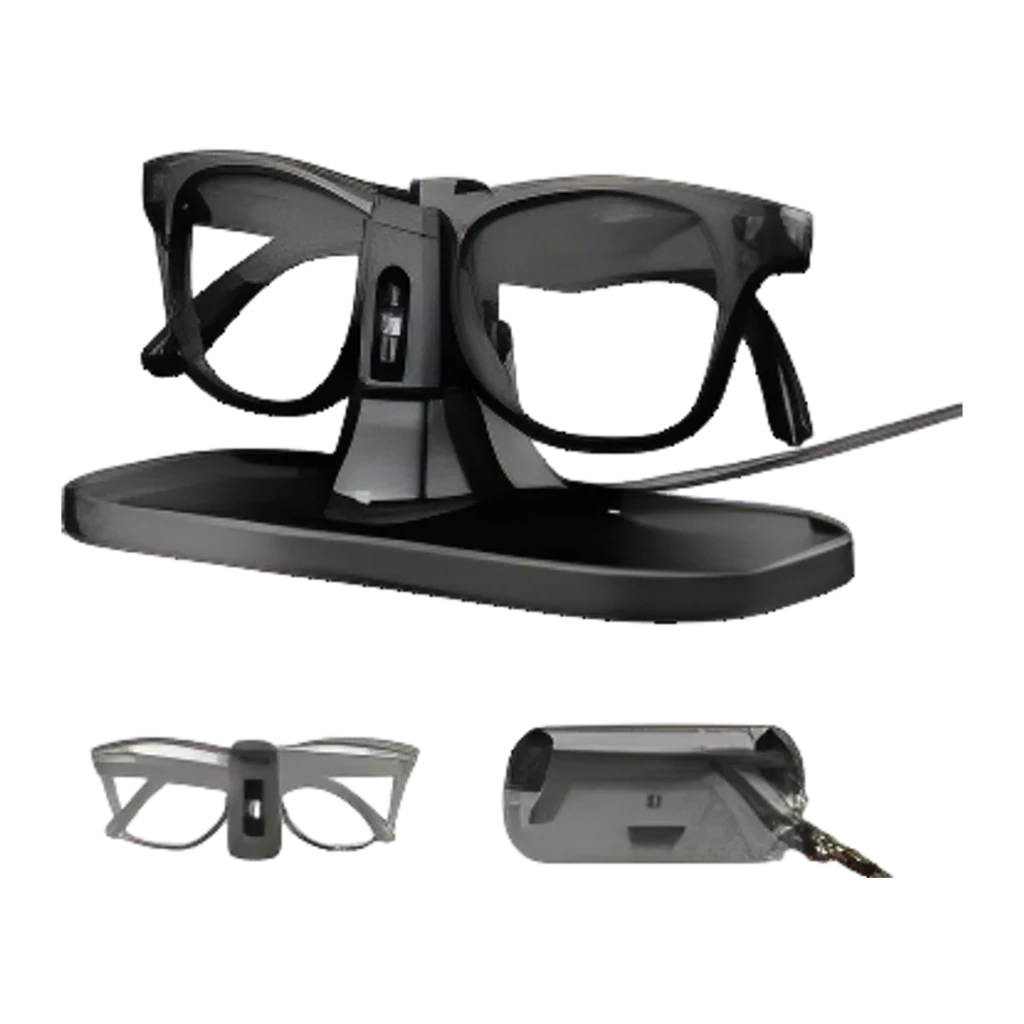 Base de carga negra con soporte para gafas, diseño minimalista y estable. Compatible con Ray-Ban Meta Wayfarer, Skyler y Headliner. Cable integrado.