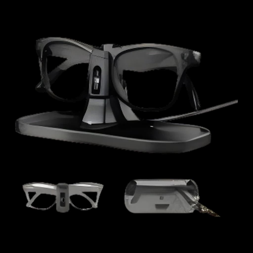 Base de carga negra con soporte para gafas, diseño minimalista y estable. Compatible con Ray-Ban Meta Wayfarer, Skyler y Headliner. Cable integrado.