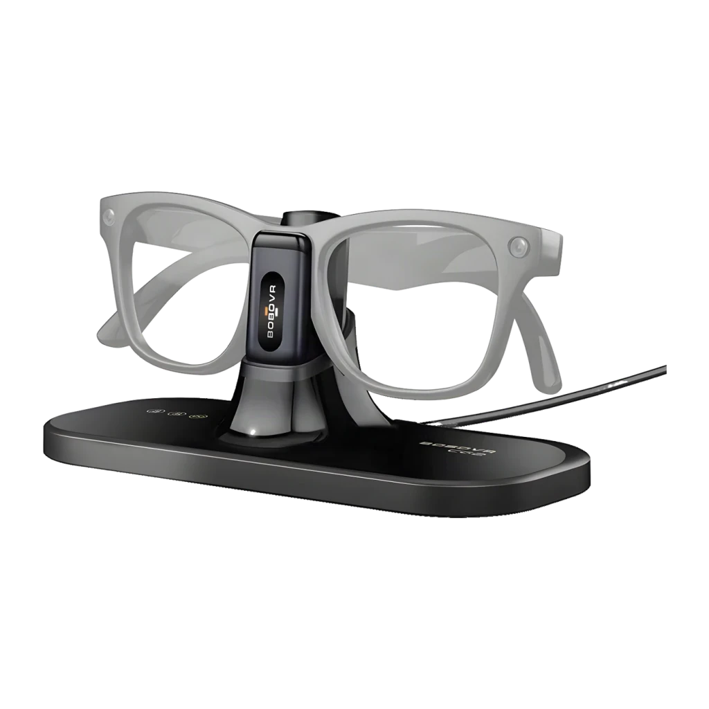 Base de carga BoboVR CG2 para gafas inteligentes Ray-Ban Meta, con soporte central magnético, indicador LED y diseño minimalista en negro y gris