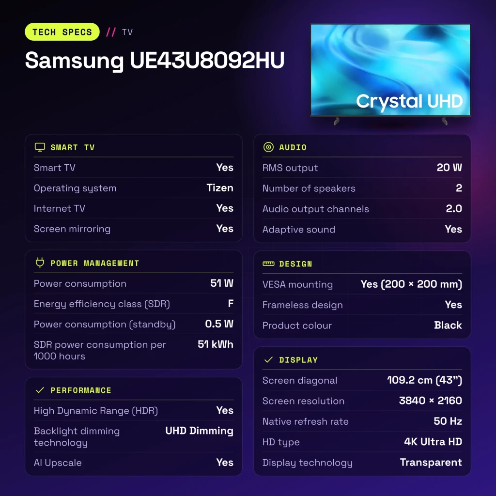 TV Samsung 43 pulgadas LED 4K Negro UE43U8092HU - características