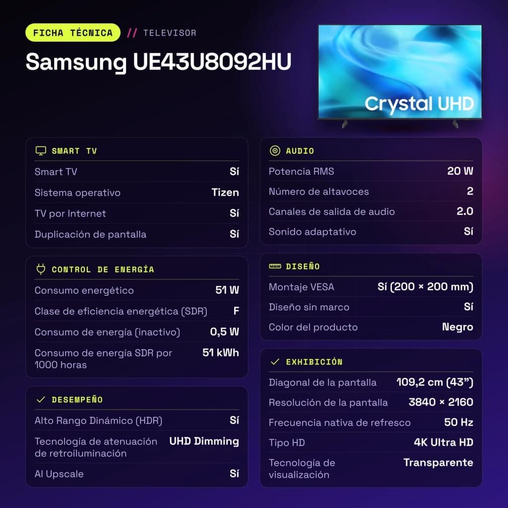 TV Samsung 43 pulgadas LED 4K Negro UE43U8092HU - características