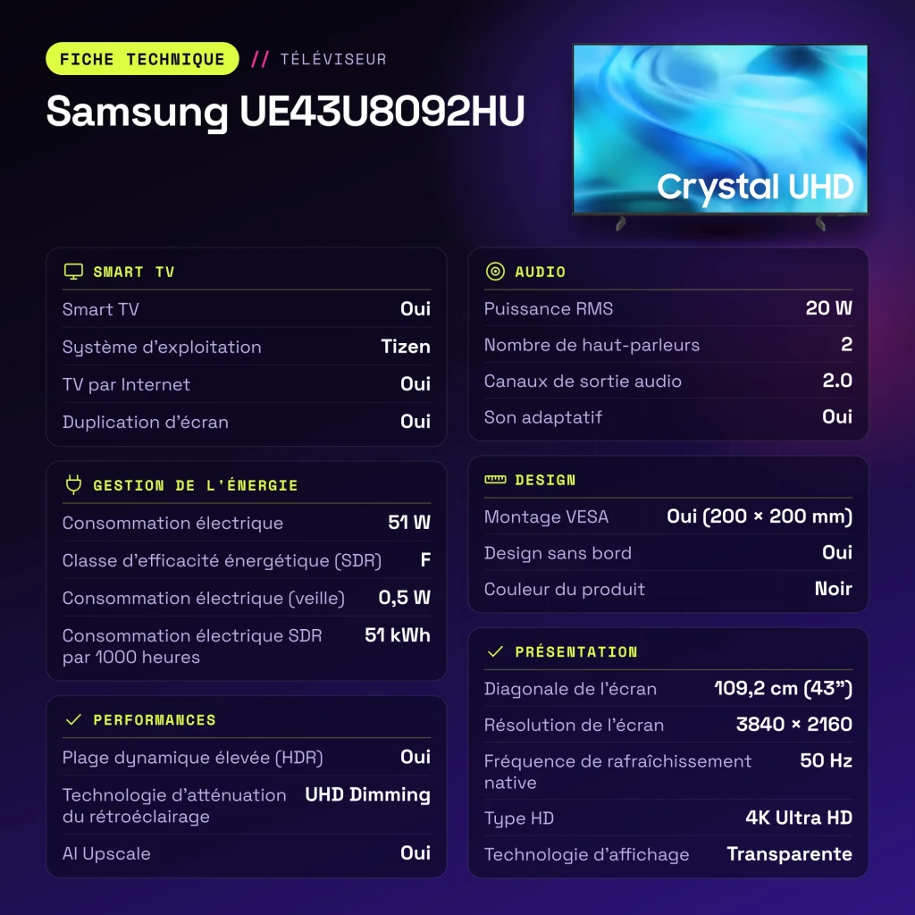 TV Samsung 43 pulgadas LED 4K Negro UE43U8092HU - características