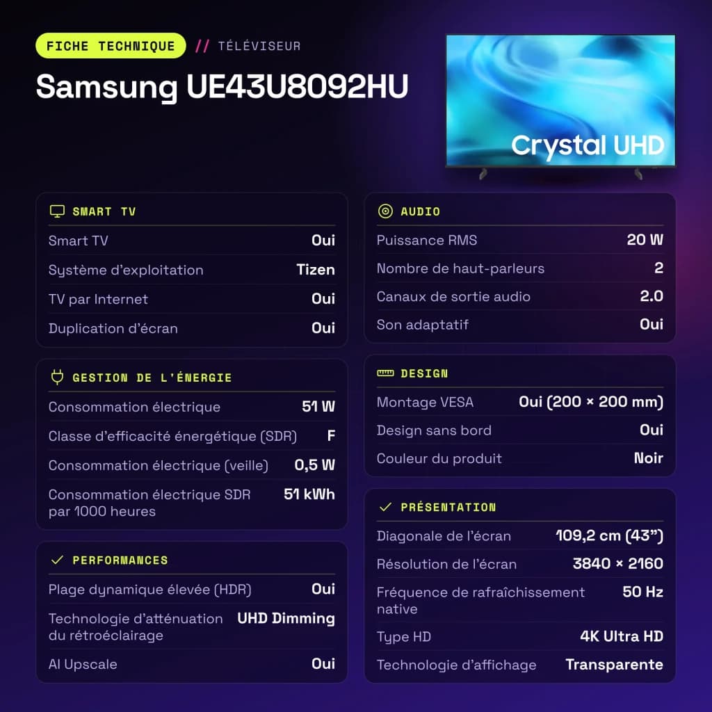 TV Samsung 43 pulgadas LED 4K Negro UE43U8092HU - características