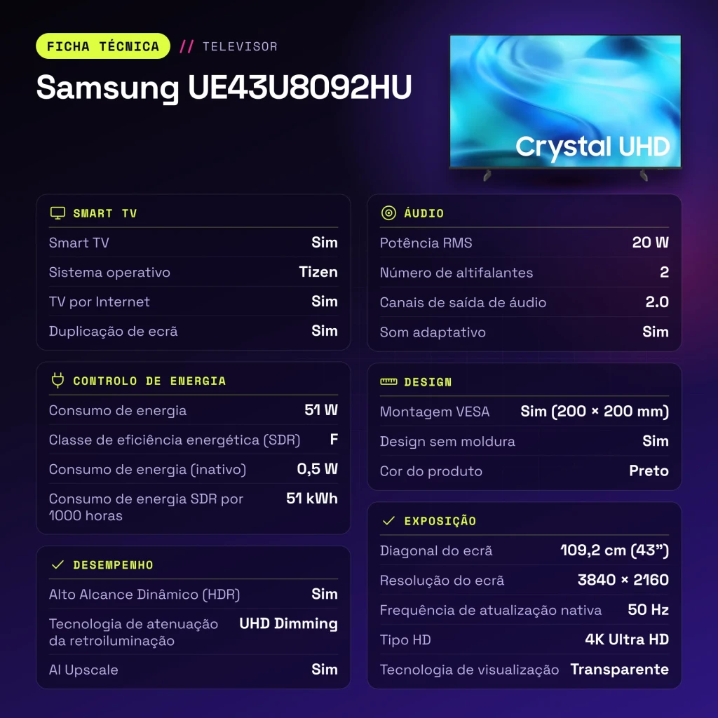 TV Samsung 43 pulgadas LED 4K Negro UE43U8092HU - características