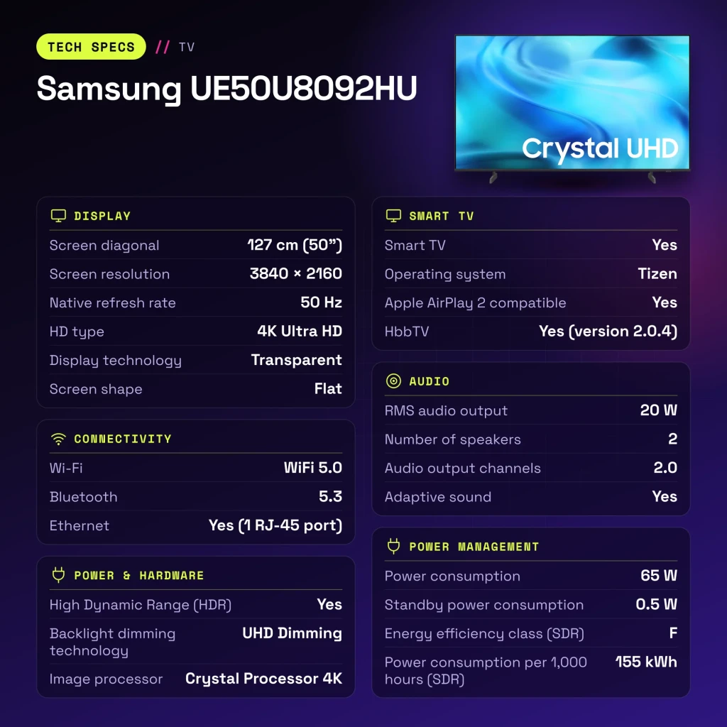 TV Samsung 50 polegadas LED 4K Ultra HD Preto UE50U8092HU - características