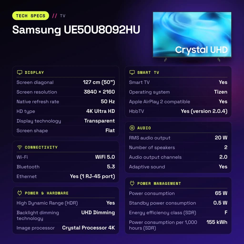 TV Samsung 50 polegadas LED 4K Ultra HD Preto UE50U8092HU - características