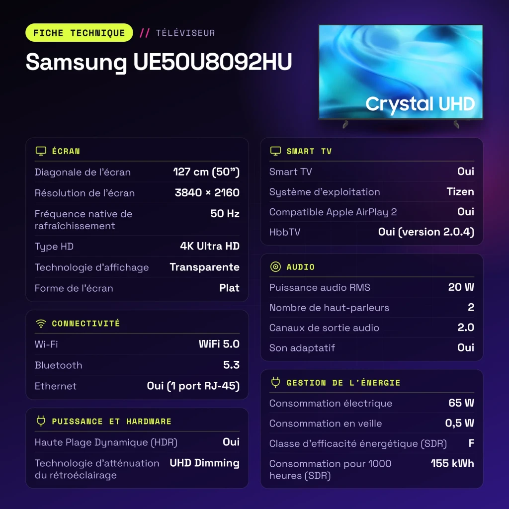 TV Samsung 50 polegadas LED 4K Ultra HD Preto UE50U8092HU - características