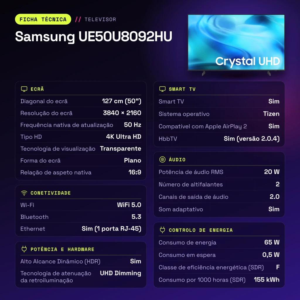 TV Samsung 50 polegadas LED 4K Ultra HD Preto UE50U8092HU - características