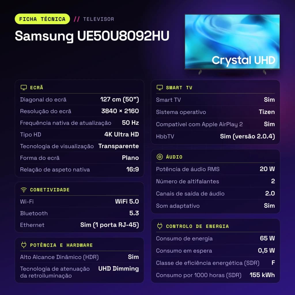 TV Samsung 50 polegadas LED 4K Ultra HD Preto UE50U8092HU - características