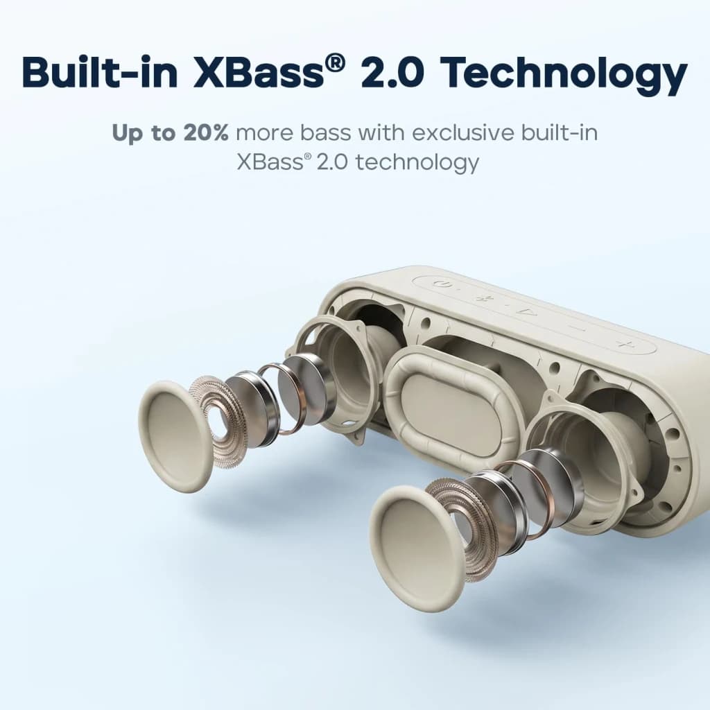 Enceinte Bluetooth Tribit XSound Go BTS58 20W 24h Blanc - haut-parleurs et technologie XBass 2.0 vue explosée