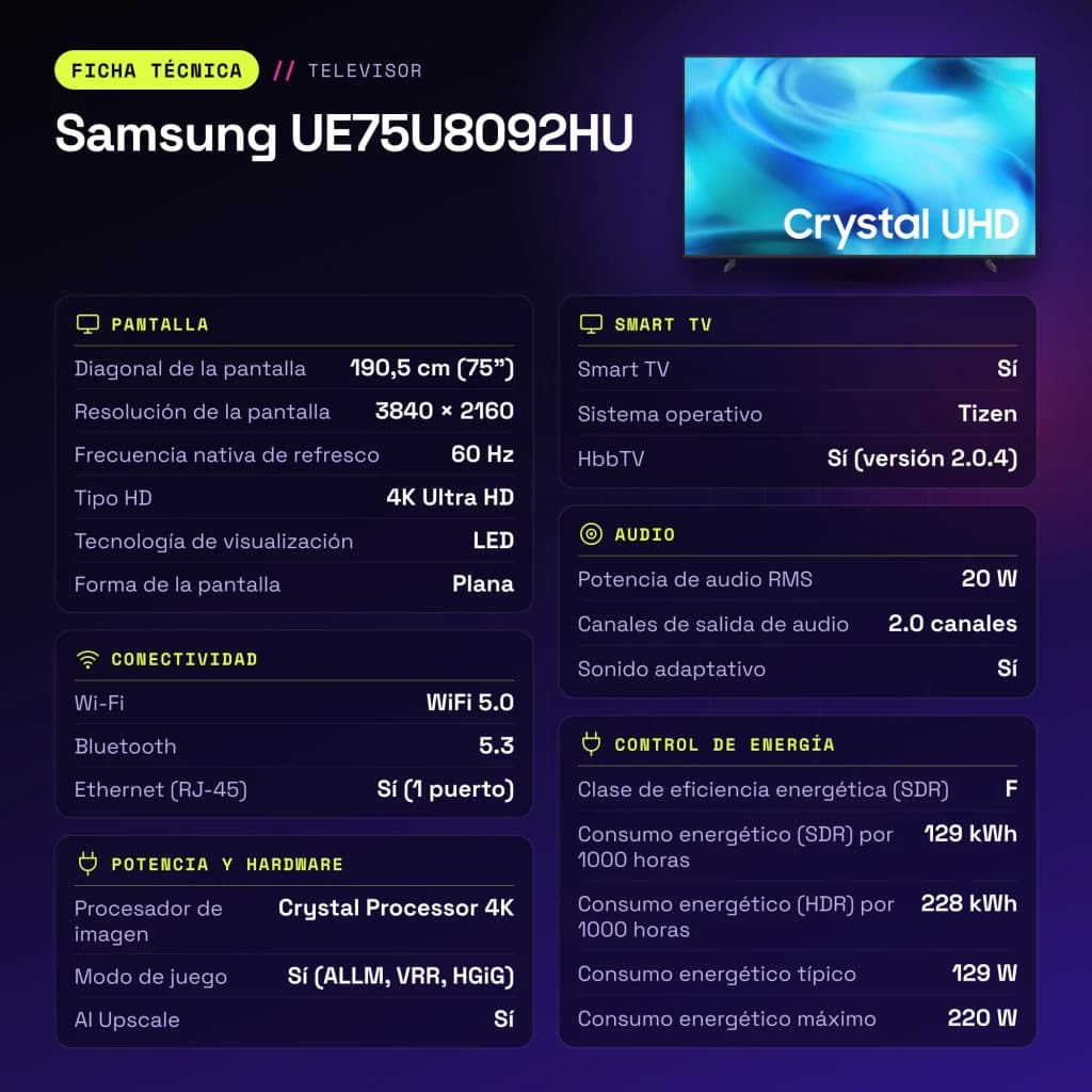 TV Samsung 75 polegadas LED 4K Tizen Preto UE75U8092HU - características