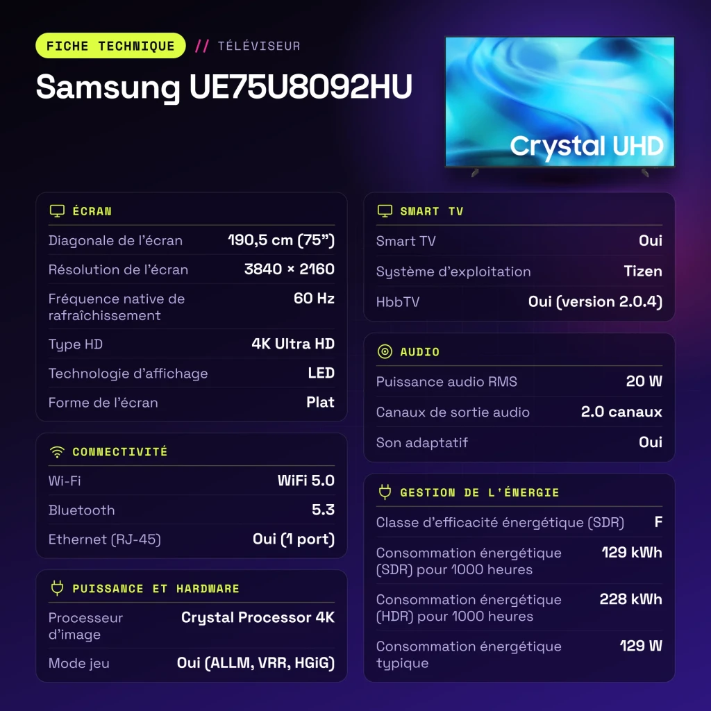 TV Samsung 75 polegadas LED 4K Tizen Preto UE75U8092HU - características