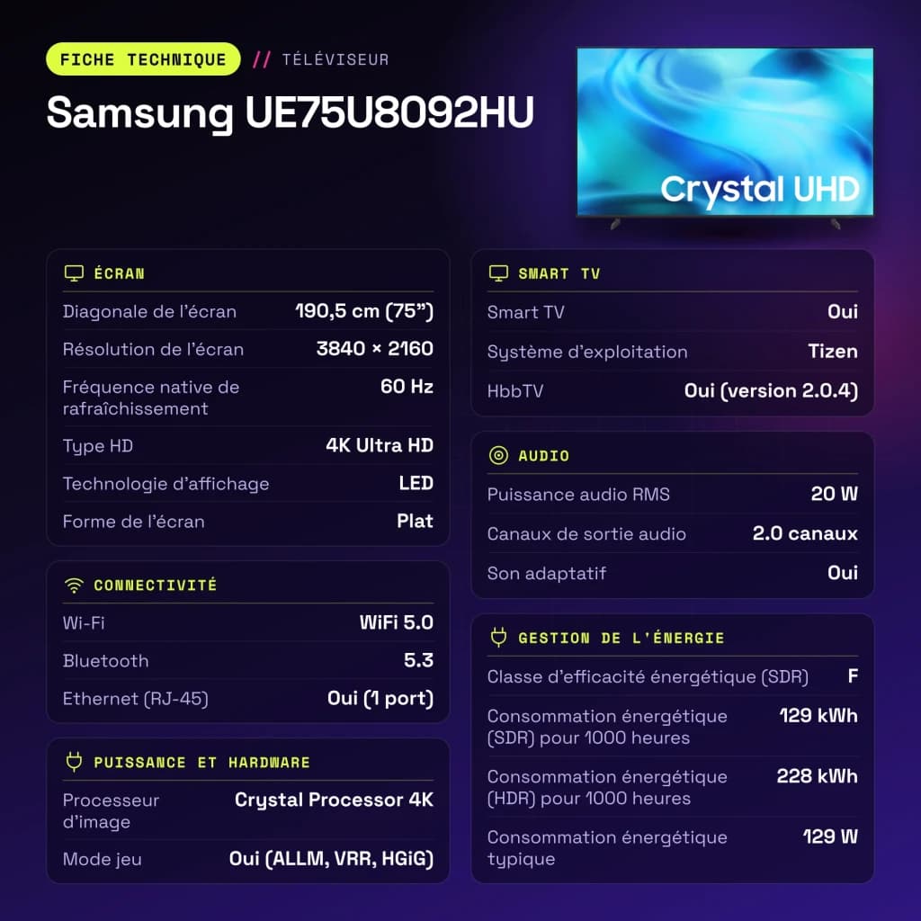 TV Samsung 75 polegadas LED 4K Tizen Preto UE75U8092HU - características