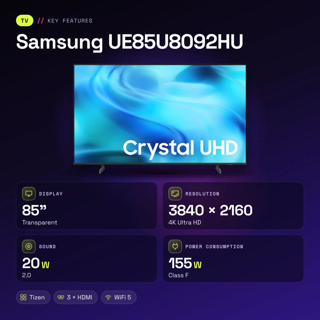 TV Samsung 85 pulgadas LED 4K Ultra HD Tizen Negro UE85U8092HU - características