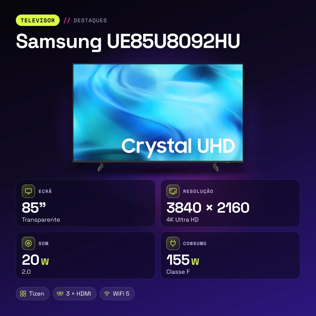 TV Samsung 85 pulgadas LED 4K Ultra HD Tizen Negro UE85U8092HU - características