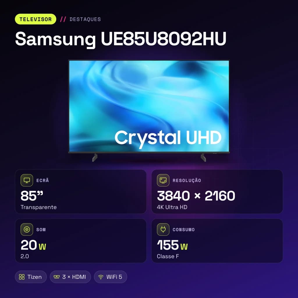 TV Samsung 85 pouces LED 4K Ultra HD Tizen Noir UE85U8092HU - caractéristiques