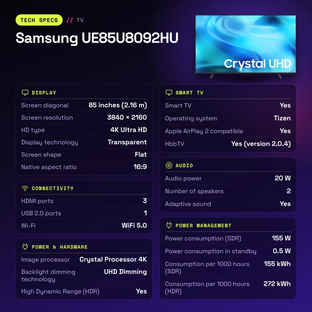TV Samsung 85 pulgadas LED 4K Ultra HD Tizen Negro UE85U8092HU - características