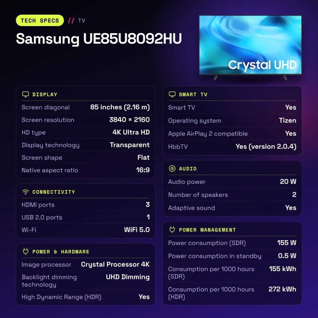 TV Samsung 85 pouces LED 4K Ultra HD Tizen Noir UE85U8092HU - caractéristiques