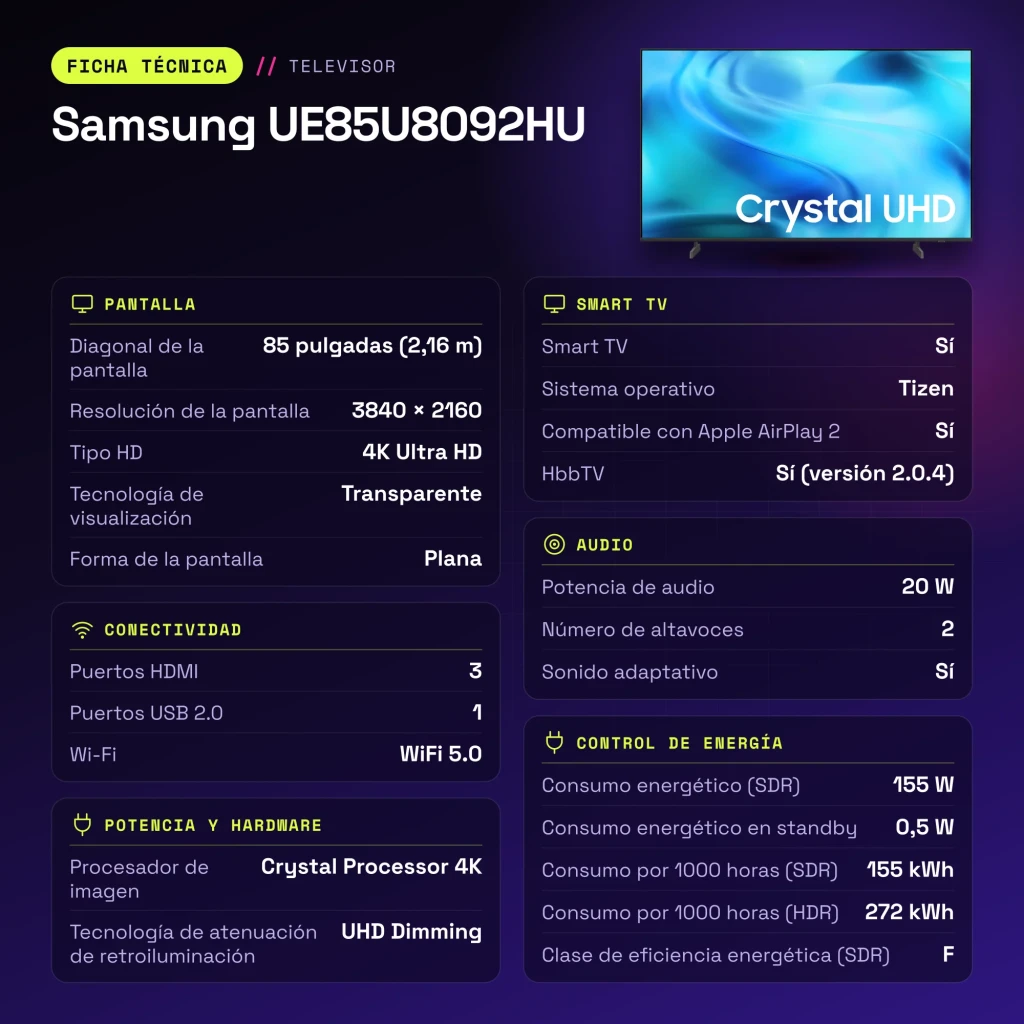 TV Samsung 85 pulgadas LED 4K Ultra HD Tizen Negro UE85U8092HU - características