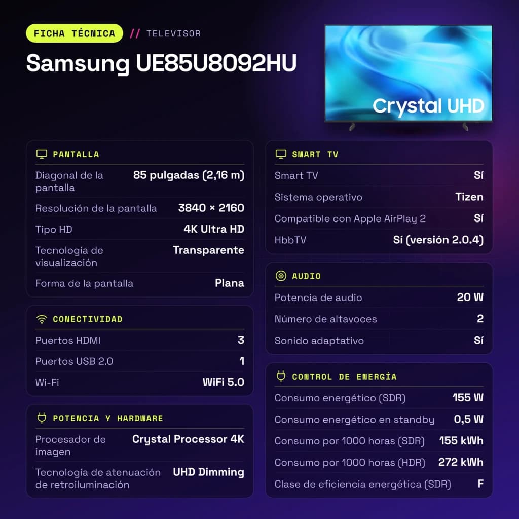 TV Samsung 85 pouces LED 4K Ultra HD Tizen Noir UE85U8092HU - caractéristiques