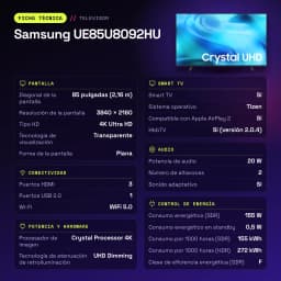 TV Samsung 85 pouces LED 4K Ultra HD Tizen Noir UE85U8092HU - caractéristiques