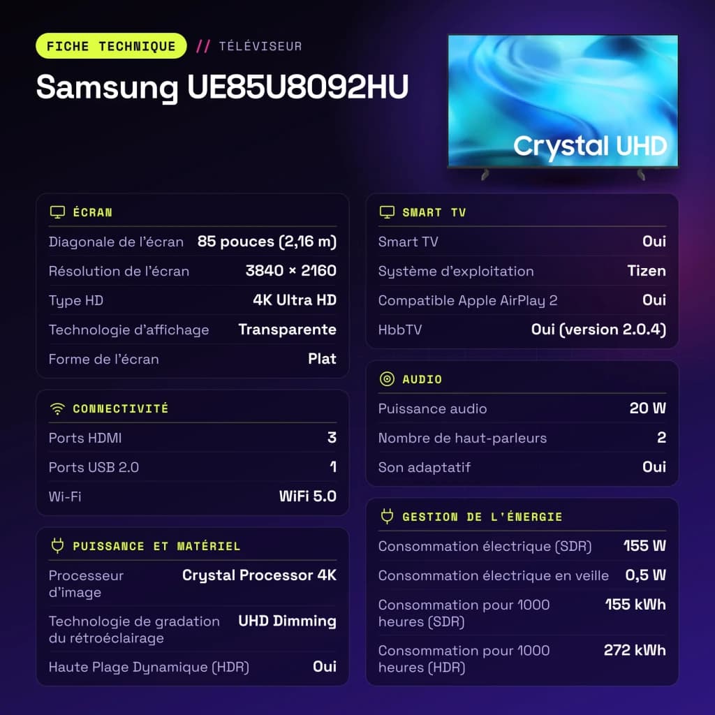 TV Samsung 85 pouces LED 4K Ultra HD Tizen Noir UE85U8092HU - caractéristiques