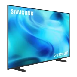 TV Samsung 85 pouces LED 4K Ultra HD Tizen Noir UE85U8092HU, vue de côté: écran Crystal UHD allumé avec dégradé bleu