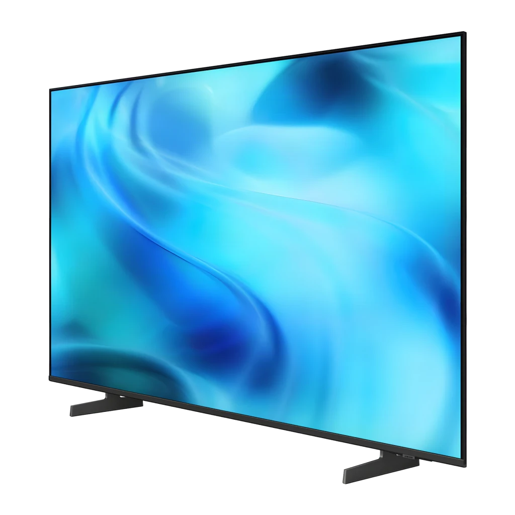 TV Samsung 85 pulgadas LED 4K Ultra HD Tizen Negro UE85U8092HU, vista lateral: pantalla encendida con imagen azul y marco