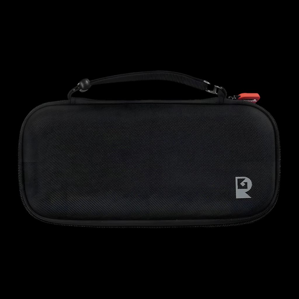 Capa para consola Anbernic RG 55G1 Preto, vista frontal: exterior rígido preto com pega, fecho vermelho e logótipo Anbernic