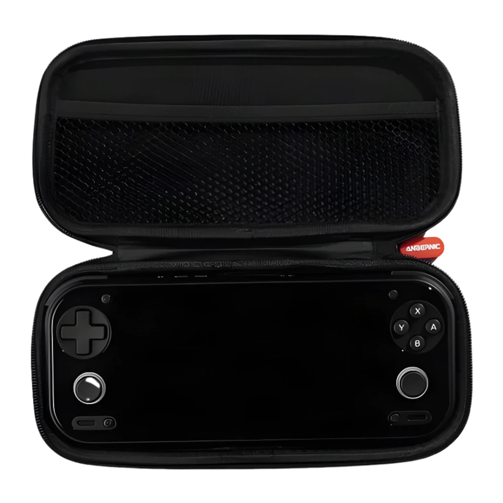 Capa para consola Anbernic RG 55G1 Preto, aberta: bolso de rede na tampa e consola encaixada