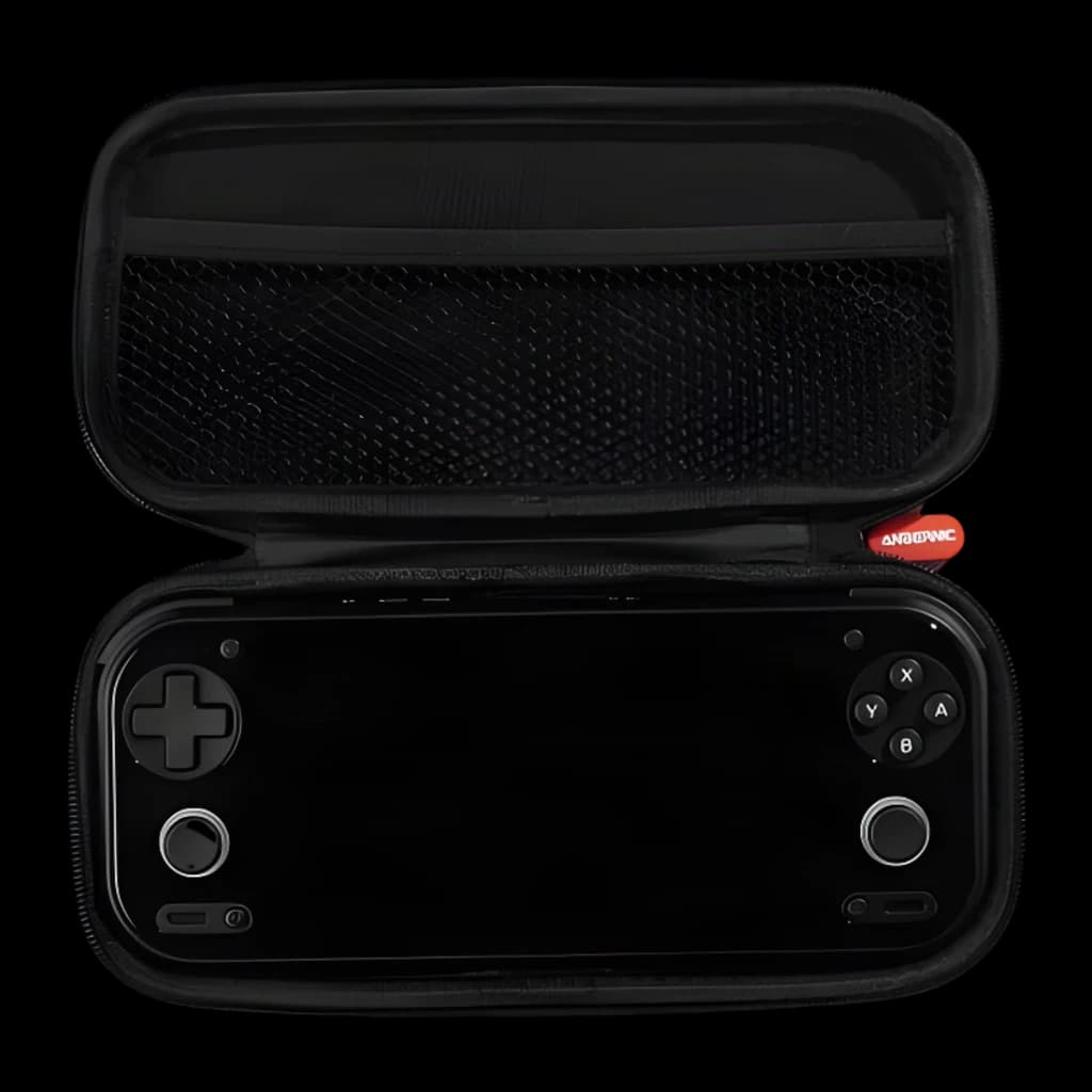 Capa para consola Anbernic RG 55G1 Preto, aberta: bolso de rede na tampa e consola encaixada