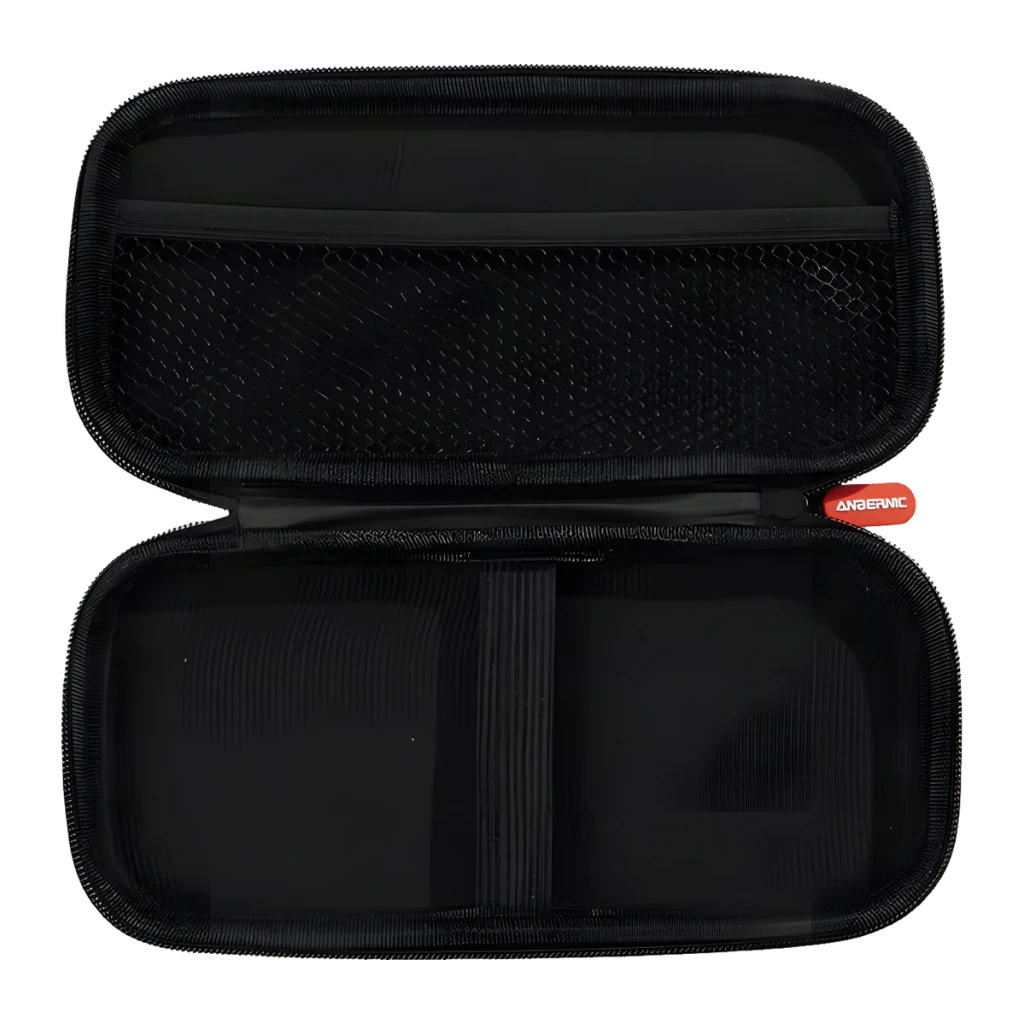 Capa para consola Anbernic RG 55G1 Preto, interior aberto: bolso de rede, compartimento acolchoado e fecho vermelho
