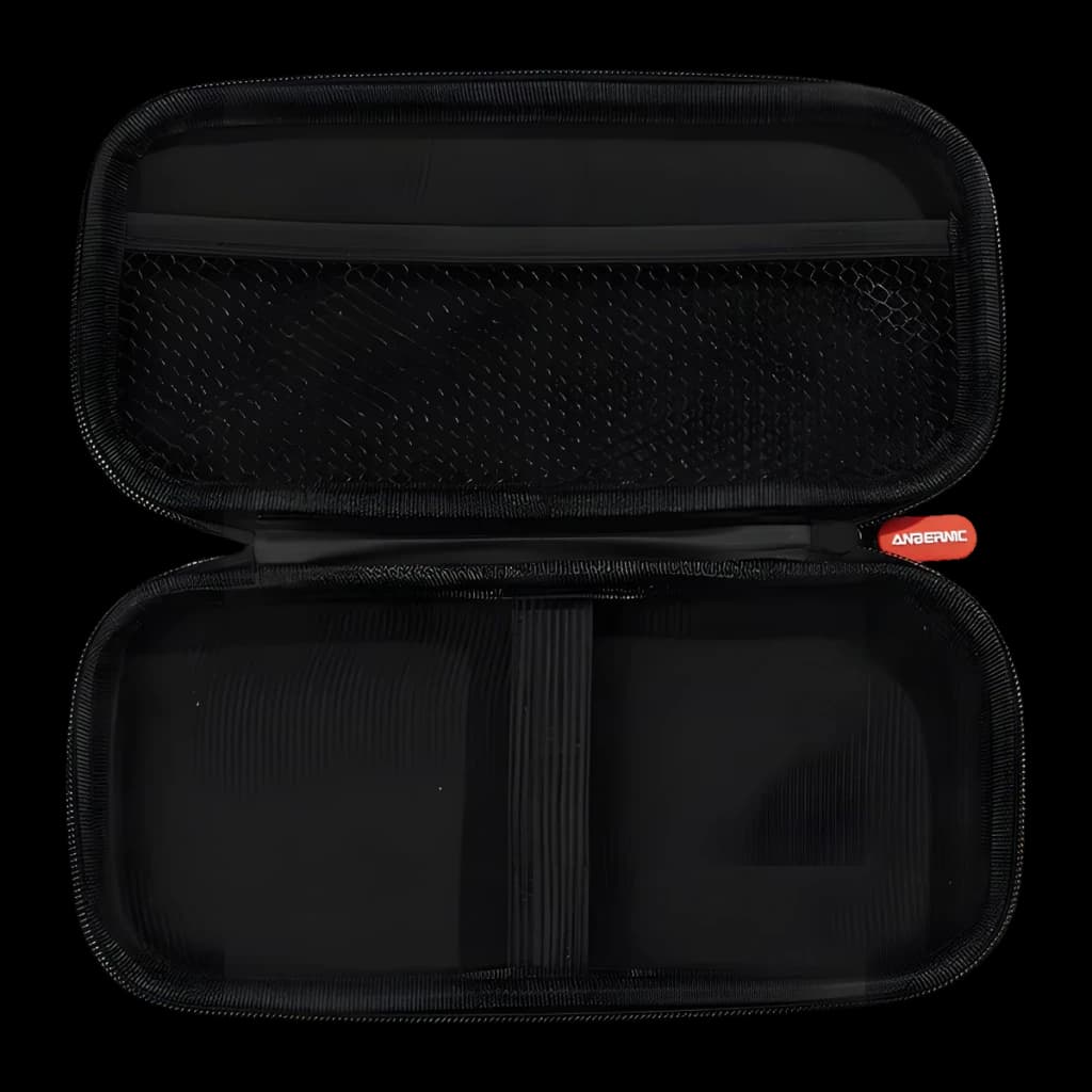 Capa para consola Anbernic RG 55G1 Preto, interior aberto: bolso de rede, compartimento acolchoado e fecho vermelho
