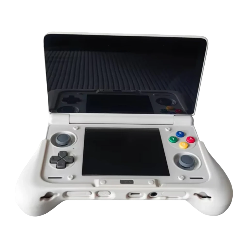 Grip AYN Thor Preto TPU Ergonómico, vista frontal: capa branca com ecrã aberto, joysticks e botões coloridos