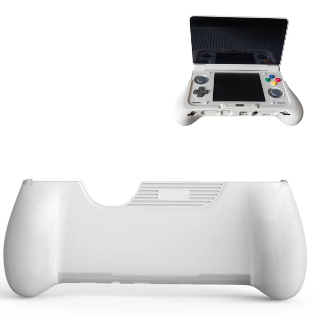 Grip AYN Thor TPU Branco, vista frontal e uso: grip isolado com grelha de ventilação e miniatura com consola instalada