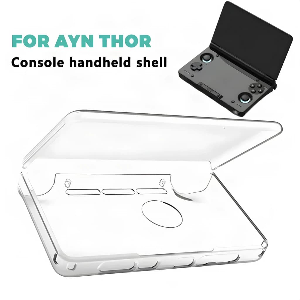 Capa TPU transparente para AYN Thor, rígida e anti-impacto. Encaixe preciso, recortes para botões e portas, protege sem ocultar o design da consola.