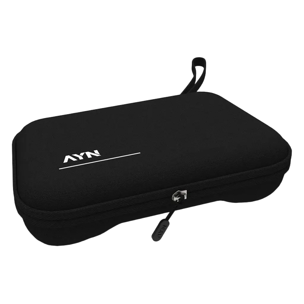 Étui de transport rigide AYN Thor Noir, coque EVA texturée avec poignée, fermeture éclair et logo AYN blanc, emplacement dédié pour grip