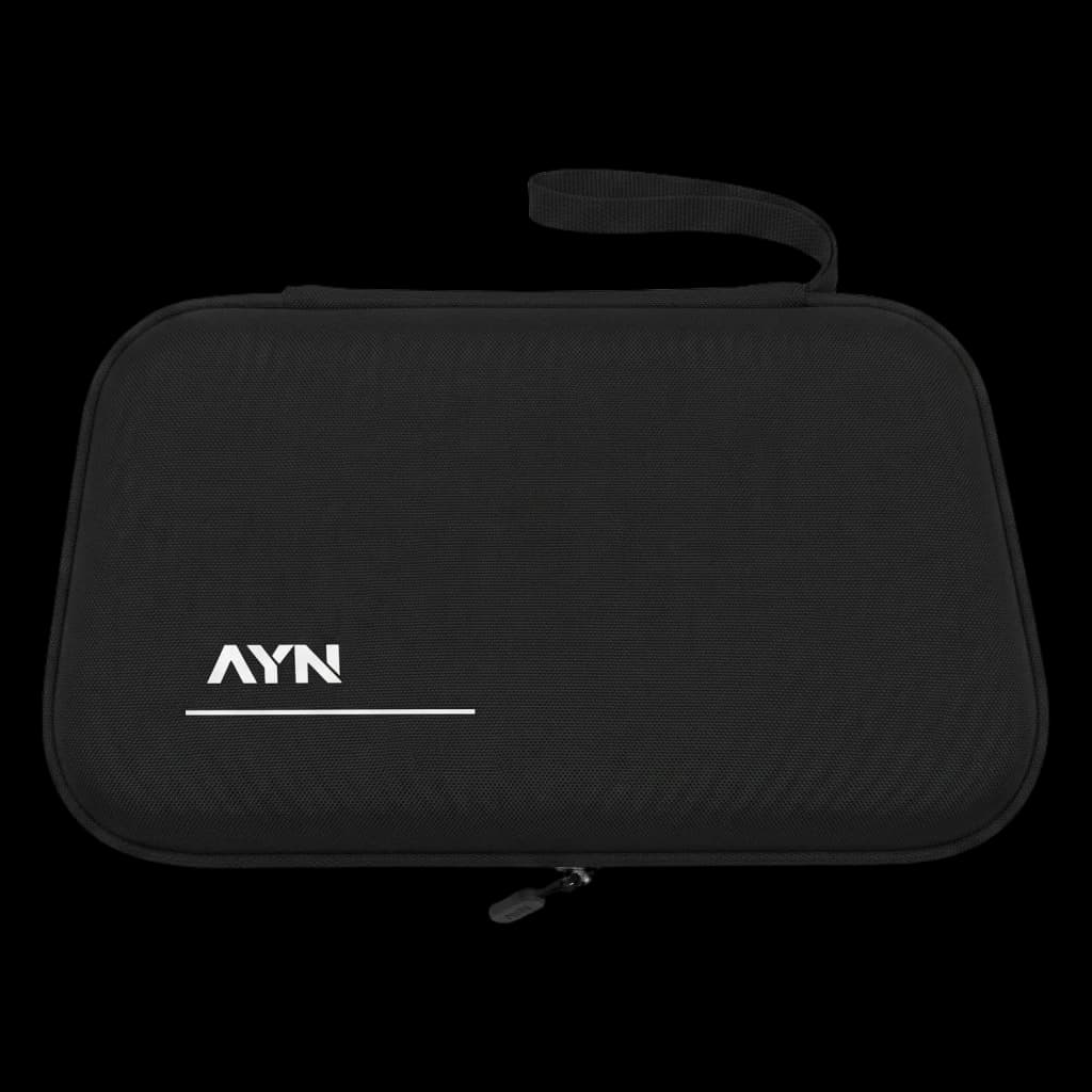 Étui de transport rigide AYN Thor Noir avec texture mate, logo AYN blanc, fermeture éclair double et dragonne, compartiment prévu pour grip