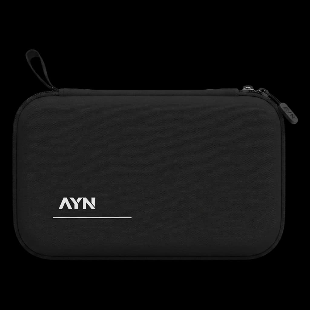 Étui de transport rigide AYN Thor Noir compact et mat, coque noire avec logo AYN blanc, fermeture éclair double et dragonne, emplacement dédié pour grip