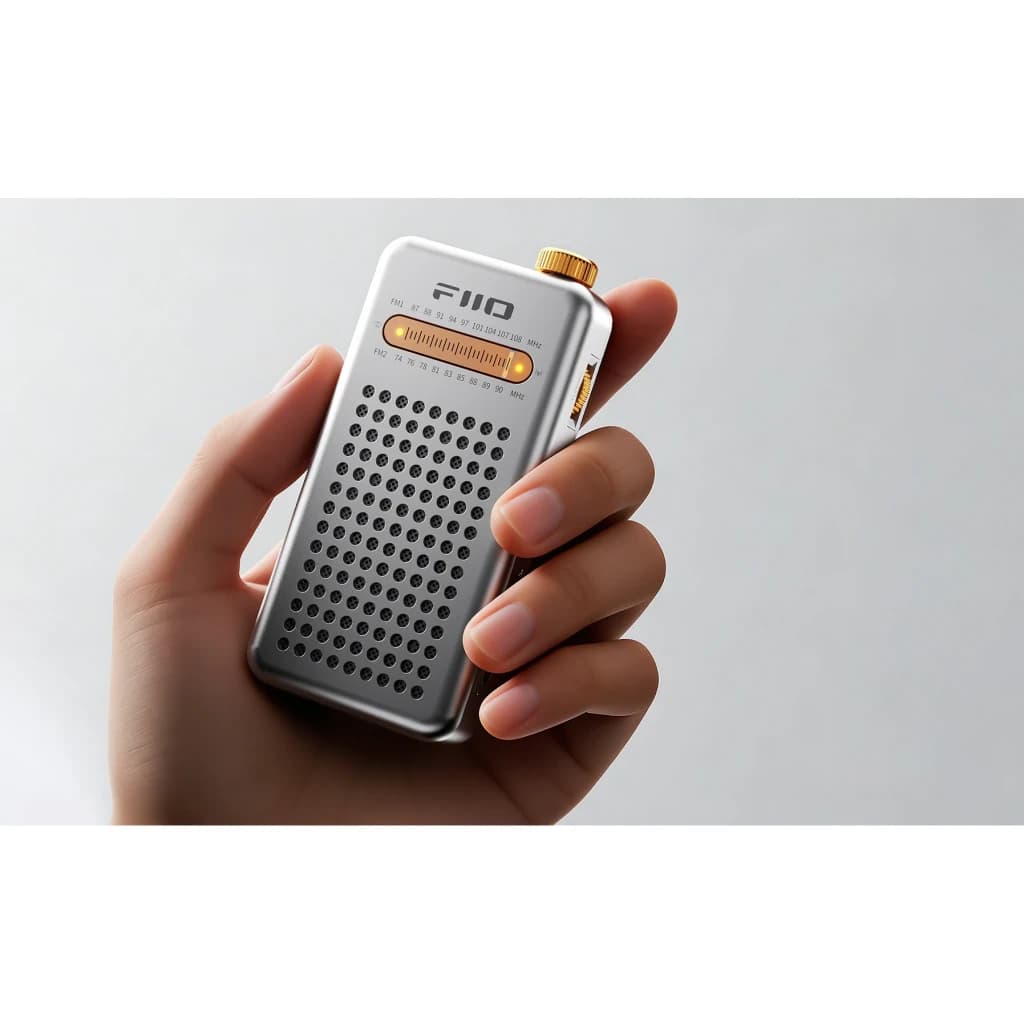 FiiO RR13 Plata, vista frontal en mano: rejilla perforada, dial dorado superior y escala FM iluminada en ámbar