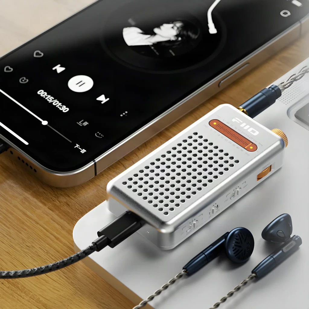 FiiO RR13 Plata, vista en uso: conectado a smartphone con auriculares IEM sobre superficie de madera