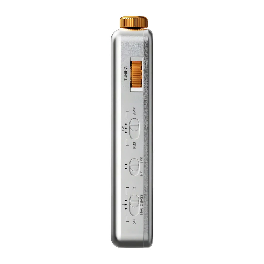 FiiO RR13 Plata, lateral derecho: rueda de sintonía dorada, controles AMP, FM1/FM2, HP/SPK y Magic Bass