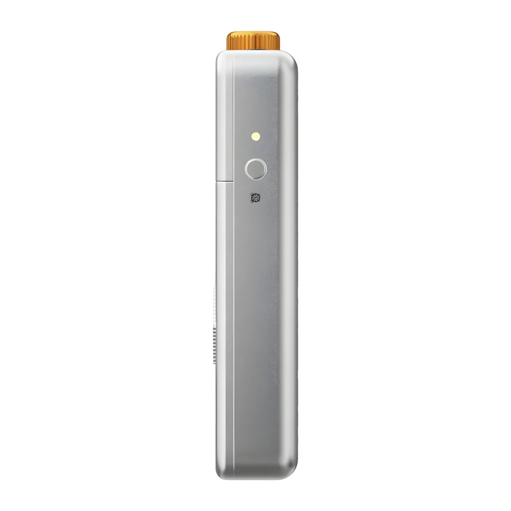 FiiO RR13 plata, lateral: cuerpo estrecho con rueda dorada superior, LED y botón circular