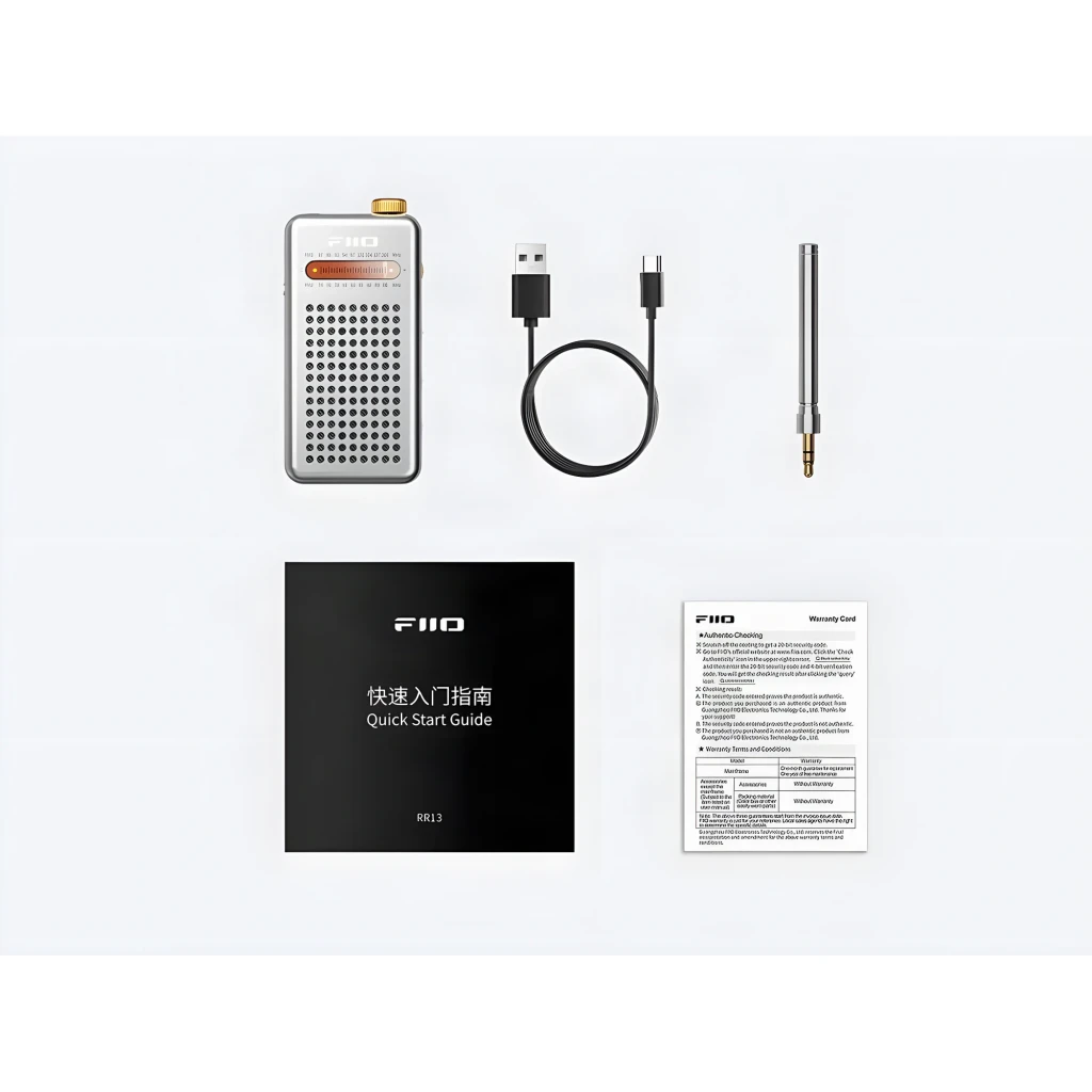 FiiO RR13 Plata, contenido de caja: dispositivo, cable USB-C, antena y guía de inicio rápido