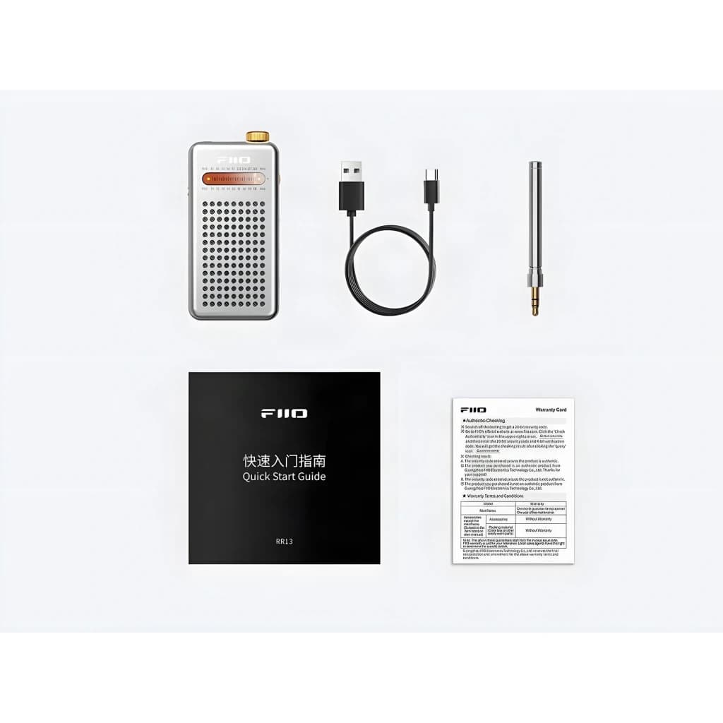 FiiO RR13 Plata, contenido de caja: dispositivo, cable USB-C, antena y guía de inicio rápido