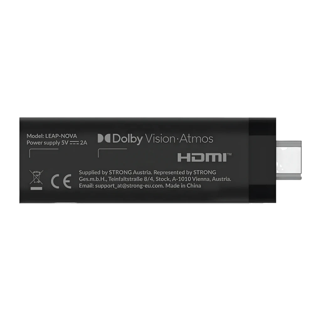 Lecteur multimédia Strong 2 Go/32 Go Noir true 4K Google TV LEAP-NOVA, vue arrière: étiquette avec logos Dolby Vision Atmos