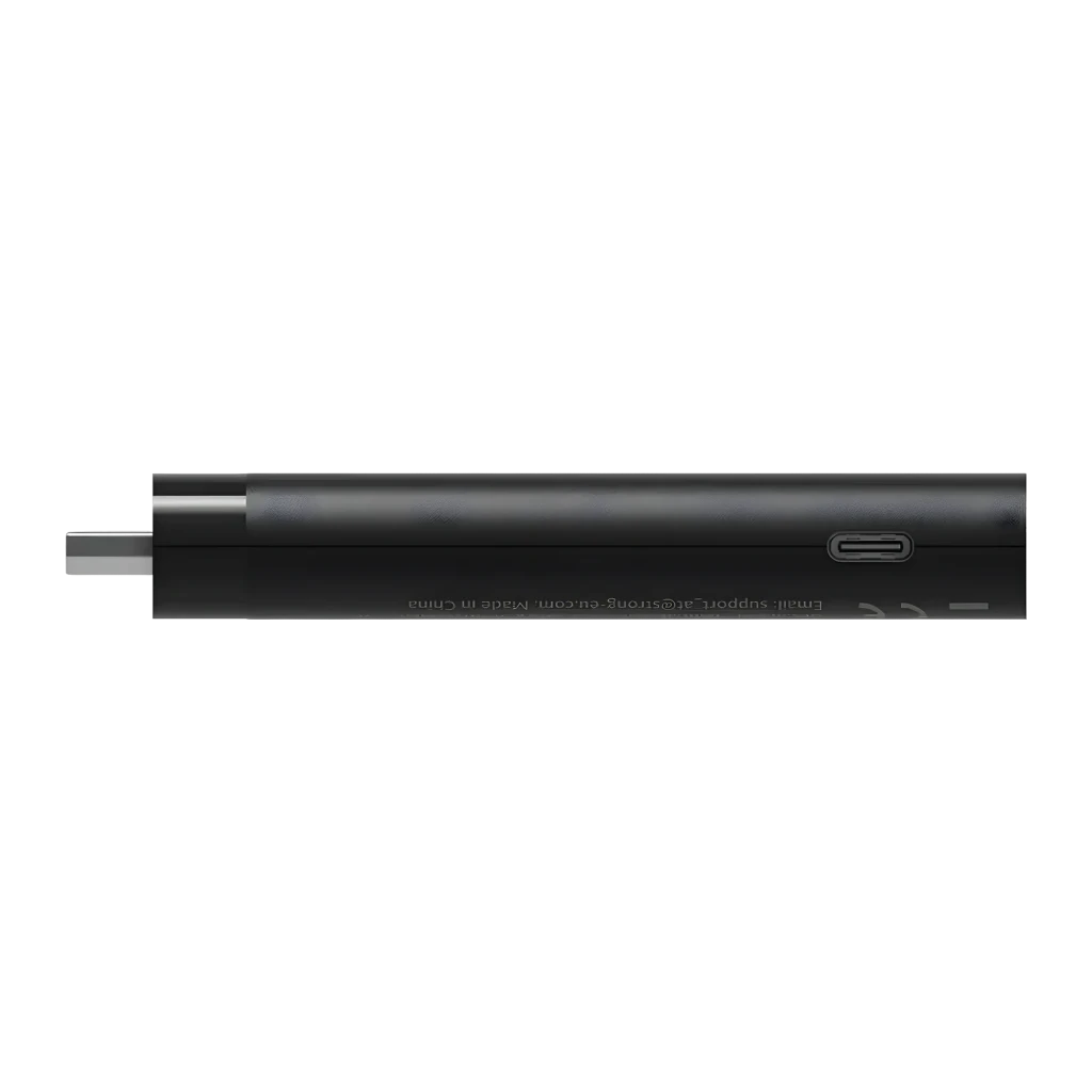 Lecteur multimédia Strong 2 Go/32 Go Noir true 4K Google TV LEAP-NOVA, vue latérale: connecteur HDMI à gauche et port USB-C